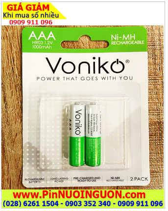 Voniko HR03 AAA1000mAh, Pin sạc AAA 1.2v Voniko HR03 AAA1000mAh chính hãng (Loại vỉ 2viên)